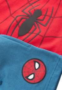 Rød bomulds-T-shirt med et sort edderkoppe- og spindelvævsdesign. Blåt stof med et rundt Spiderman-logo med sorte og røde detaljer.