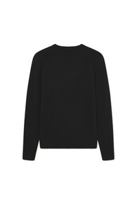 Μαύρο πλεκτό πουλόβερ με κλασικό κύκλο λαιμού, ριμπ τελείωμα και μακριά μανίκια. Διαθέτει λεία υφή και σχέδιο μανίκι ράγκλαν.