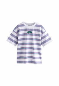 Camiseta de manga corta a rayas en blanco con rayas horizontales en púrpura y verde azulado. Presenta un gráfico central de "Los Ángeles". Material de algodón.