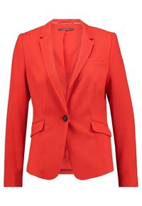 Punainen, teksturoitu bleiseri, jossa yksittäinen nappikiinnitys, notched kauluskäänteet ja kaksi etutaskua. Vuoritettu sisäpuoli mukavuutta varten.