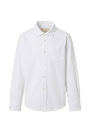 Chemise blanche à manches longues avec boutons, poche avant et col, avec un logo brodé discret sur la poche.