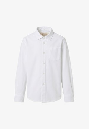 Chemise blanche à manches longues avec boutons, poche avant et col, avec un logo brodé discret sur la poche.