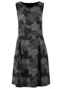 Robe sans manches mi-longue avec motif léopard abstrait noir et gris et col rond.