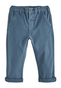 Pantaloni blu arrotolati con chiusura a bottone, passanti per cintura e tasche frontali a taglio obliquo, progettati per bambini.