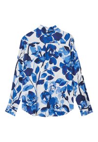 Long-sleeve shirt features a blue floral print on a white background, with a relaxed fit, button cuffs, and a slight curved hem.