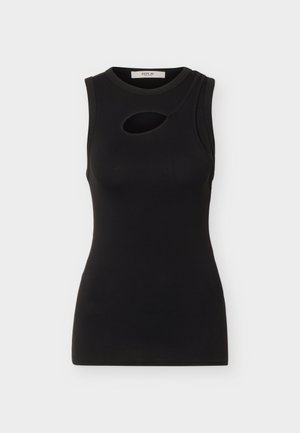 Top nero aderente senza maniche con collo rotondo e piccolo dettaglio con ritaglio ovale sulla parte superiore del petto, mostrato su sfondo bianco semplice.