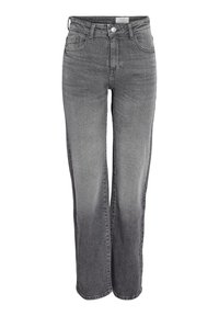 Blugi gri din denim, drepti, cu talie înaltă, închidere frontală cu nasturi, bucle pentru curea și decolorări pe coapse și genunchi.