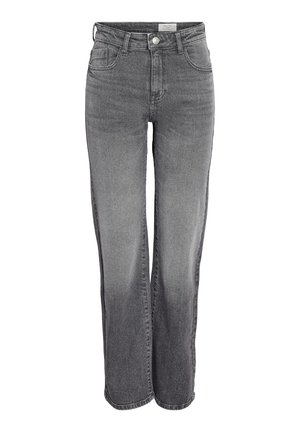 Sive traperice ravnog kroja s visokim strukom, prednjim zatvaranjem na kopče, petljama za remen i izblijedjelostima na bedrima i koljenima.