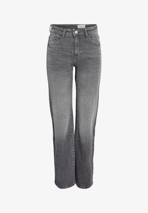 Sive traperice ravnog kroja s visokim strukom, prednjim zatvaranjem na kopče, petljama za remen i izblijedjelostima na bedrima i koljenima.