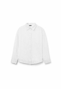 Camicia bianca con bottoni, caratterizzata da un motivo floreale testurizzato, maniche lunghe e colletto classico. Realizzata in tessuto leggero.
