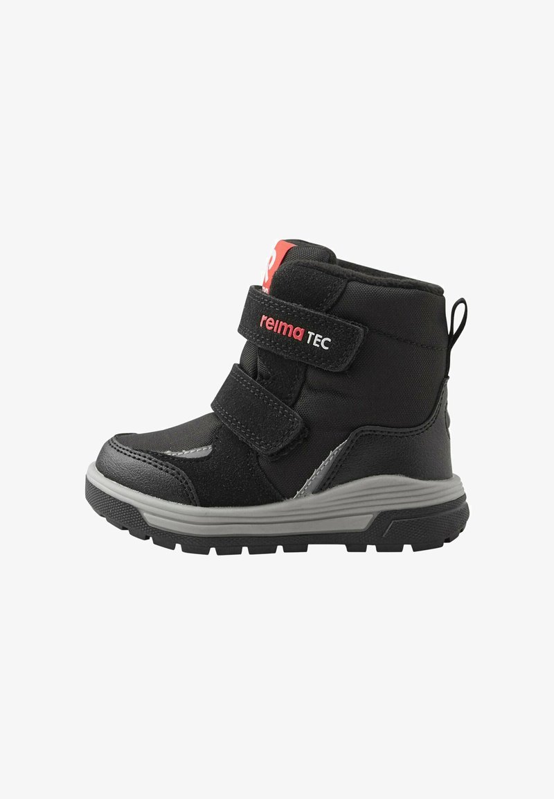 Schwarze Knöchelstiefel mit zwei verstellbaren Klettverschlüssen, aus Leder und Textilmaterial, grauer Sohle und einer Pull-Tab hinten für einfaches Anziehen.