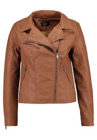 Bruine lederen jas met een aangesloten ontwerp, notched kraag, asymmetrische rits en geribbelde accenten op de mouwen. Twee ritszakken.