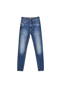 Jeans iz džinsa v temno modri barvi z zbledele površine, ravne nogavice, pet žepov in podrobnosti iz kovine.
