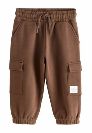 Braune Fleece-Jogginghosen mit elastischem Taillenbund, verstellbarem Kordelzug, Seitentaschen und zwei Cargotaschen. Mit einem kleinen Etikett.