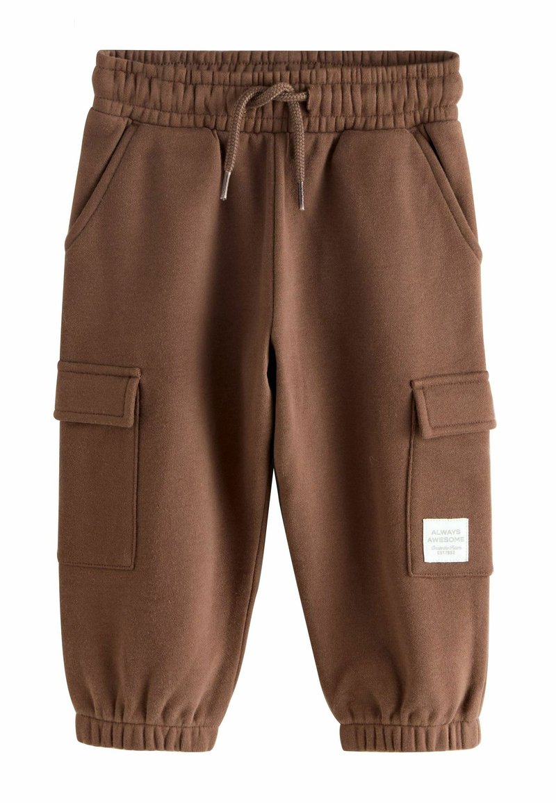Brown fleece joggers with an elastic waistband, adjustable drawstring, side pockets, and two cargo-style pockets. Features a small label.