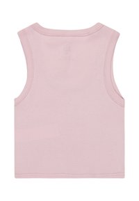 Top senza maniche in cotone rosa con scollo rotondo, caratterizzato da una texture liscia e bordi puliti. Nessun motivo o decorazione visibile.
