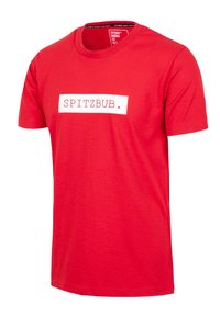 Rotes Baumwoll-T-Shirt mit Rundhalsausschnitt, ausgestattet mit einem weißen rechteckigen Logo, auf dem "SPITZBUB." in Rot gedruckt ist. Kurzärmlig, lässige Passform.