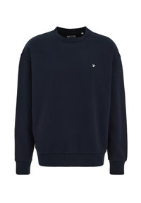 Temno modra majica z dolgimi rokavi, okrogel izrez, mehka tekstura, rebrasti manšetni in spodnji rob, majhen vezen logotip na prsih.