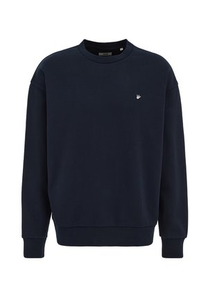 Tengerészkék pulóver, kerek nyakkivágással, puha tapintású, hosszú ujjú, bordázott mandzsettákkal és alsó szegéllyel, kis hímzett logó a mellkason.