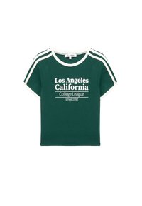 Grøn bomulds T-shirt med hvid kant, korte ærmer og løs pasform. Indeholder trykt tekst "Los Angeles California College League" i hvid.