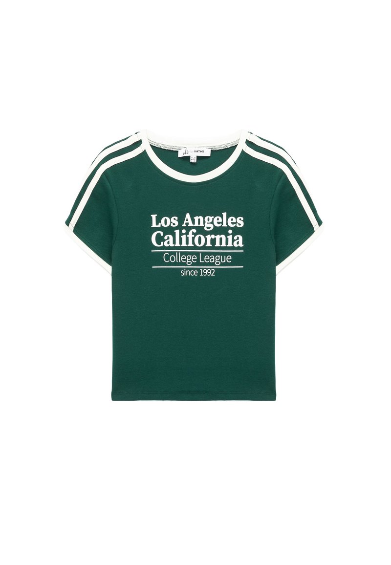 Grøn bomulds T-shirt med hvid kant, korte ærmer og løs pasform. Indeholder trykt tekst "Los Angeles California College League" i hvid.