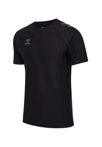 Zwart atletisch T-shirt met korte mouwen en ronde hals, grijs hummel-logo op de borst en chevronpatroon op de schouders.