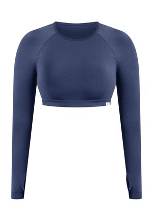 Mørkeblå cropped langærmet atletisk top med tommelhuller og sømløs design.