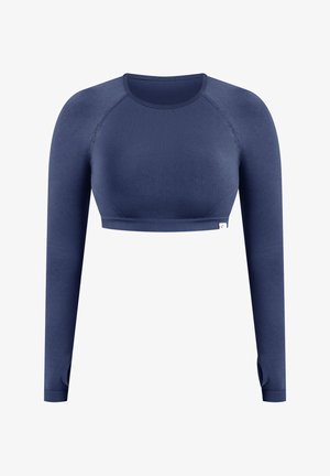 Mørkeblå cropped langærmet atletisk top med tommelhuller og sømløs design.