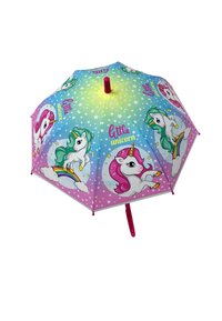 Lightweight children's umbrella featuring a colorful unicorn design. The canopy is blue and pink with stars, and it has a pink plastic handle.