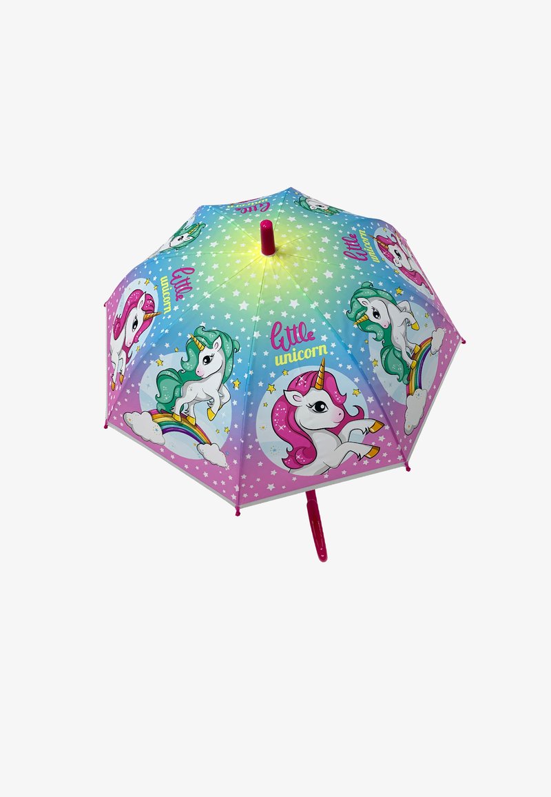 Lightweight children's umbrella featuring a colorful unicorn design. The canopy is blue and pink with stars, and it has a pink plastic handle.