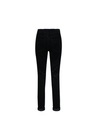 Sorte corduroy bukser med slim fit, der har en rullet manchet ved kanten, to baglommer og en struktureret overflade.