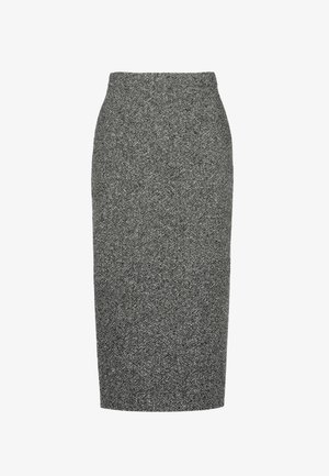 Harmaa tweed-mekko, jossa on korkea vyötärö ja polvimittainen helma, joka esittelee texturoitua kudontakuviota.