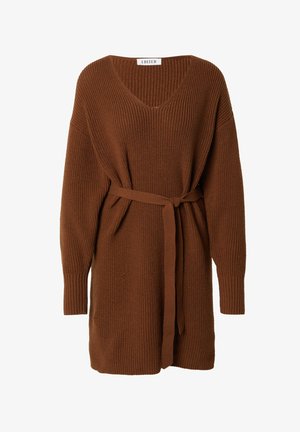 Brauner, gestrickter Pullover mit V-Ausschnitt, oversized Schnitt, langen Ärmeln und einem passenden Bindegürtel in der Taille. Strukturiertes Gewebe mit gerippten Bündchen.