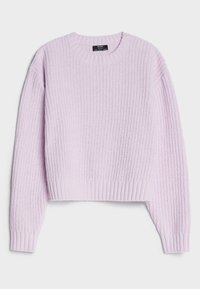 Jasnofioletowy sweter dzianinowy z okrągłym dekoltem i ściągaczami. Posiada teksturowany wzór stich oraz skrócony krój.