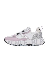 Chunky sneakers in pink, white, and silver; featuring a glittery heel, black accents, and large "VOILE BLANCHE" branding on the sole.