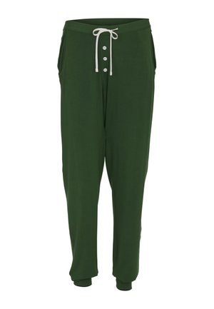 Dunkelgrüne Freizeithose mit elastischem Bund, weißem Kordelzug und drei weißen Knöpfen vorne, mit seitlichen Taschen und umgeschlagenen Beinen.