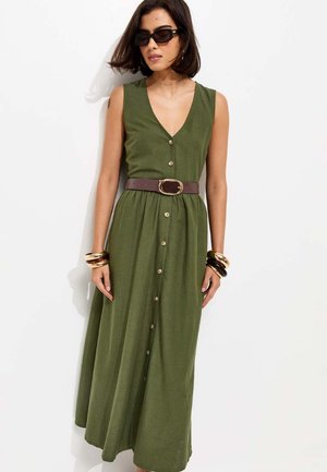 New Look, DARK KHAKI SLEEVELESS BUTTON THROUGH MIDI DRESS - Vestido camisero - khaki