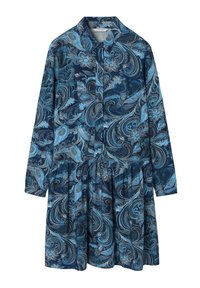 Šaty s dlhými rukávmi z tmavomodrej látky s paisley vzorom v rôznych odtieňoch modrej a striebornej, s dizajnom sukne s nariasením.