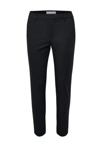 Pantaloni neri slim-fit con una texture liscia, dotati di tasche frontali e design frontale piatto. Adatti per occasioni formali o casual.