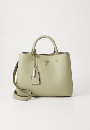 Borsa a tracolla in pelle verde con trama, due manici, accessori in oro, un'etichetta removibile e una tracolla staccabile.