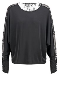 Czarny, długi rękaw, luźna bluzka z przezroczystymi koronkowymi wstawkami na ramionach oraz teksturowanym materiałem na całej powierzchni. Okrągły dekolt.