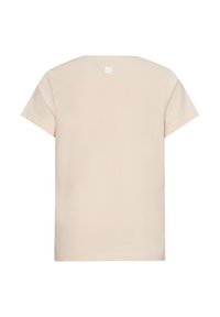 T-shirt beige chiaro a maniche corte realizzato in cotone morbido, con colletto a giro e un semplice design senza etichetta sul retro.