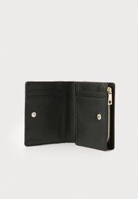 Black leather wallet with a textured finish, featuring multiple card slots, a snap button closure, and a zippered compartment. Gold hardware accents.
