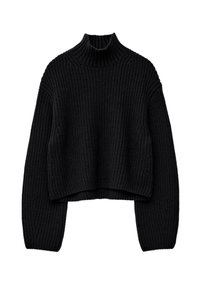 Black knitted sweater with a high neck, cropped design, ribbed texture, and wide sleeves. Features cable knit detailing along the sides.