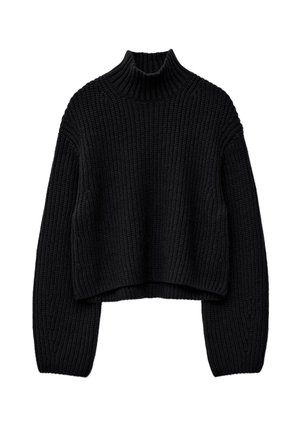 Black knitted sweater with a high neck, cropped design, ribbed texture, and wide sleeves. Features cable knit detailing along the sides.