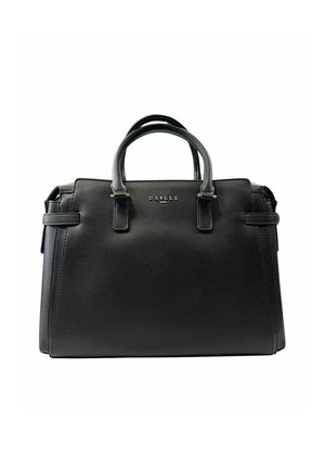 Borsa a tracolla nera con struttura rigida, realizzata in pelle texturizzata, con doppi manici superiori e un piccolo logo sul davanti. Forma rettangolare.