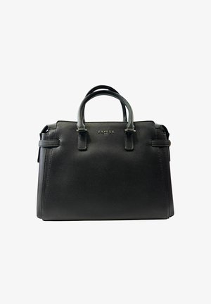 Borsa a tracolla nera con struttura rigida, realizzata in pelle texturizzata, con doppi manici superiori e un piccolo logo sul davanti. Forma rettangolare.