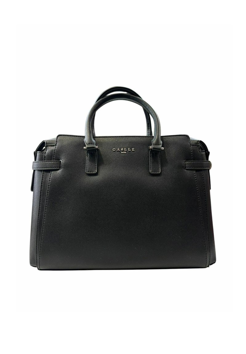 Borsa a tracolla nera con struttura rigida, realizzata in pelle texturizzata, con doppi manici superiori e un piccolo logo sul davanti. Forma rettangolare.