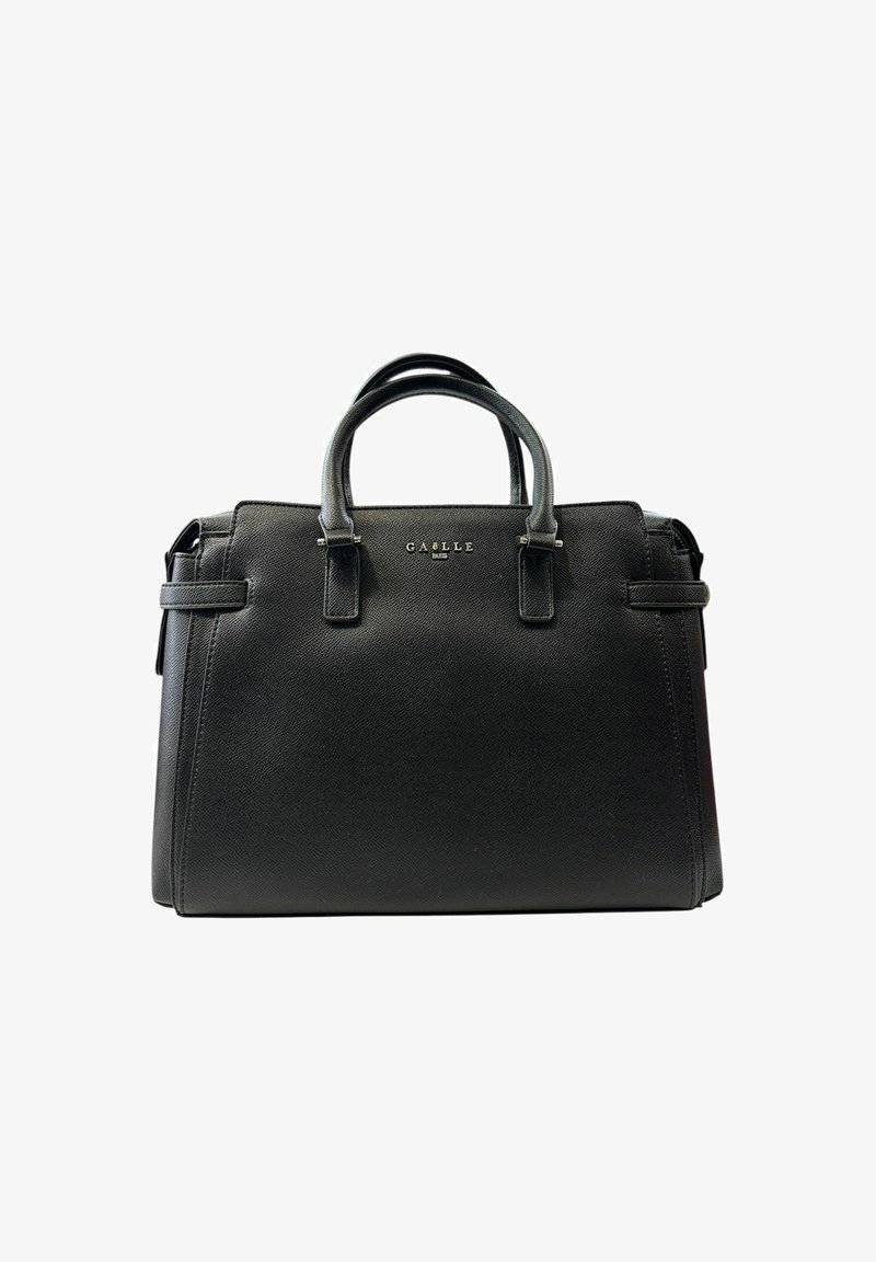 Borsa a tracolla nera con struttura rigida, realizzata in pelle texturizzata, con doppi manici superiori e un piccolo logo sul davanti. Forma rettangolare.
