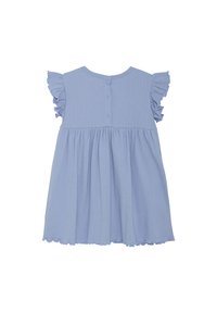 Helles blaues Kleid mit gerafften kurzen Ärmeln, ribbeliger Textur, Knopfverschluss auf der Rückseite und einem ausgestellten Rock mit gewelltem Saum.